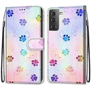 For Samsung Galaxy S21 5G Coloured Drawing Cross Texture Horizontal Flip PU Leather Case with Holder & Card Slots & Wallet & Lanyard(Footprint Water Drops)