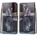 For Samsung Galaxy S21 5G Coloured Drawing Cross Texture Horizontal Flip PU Leather Case with Holder & Card Slots & Wallet & Lanyard(Cat Becomes Tiger)