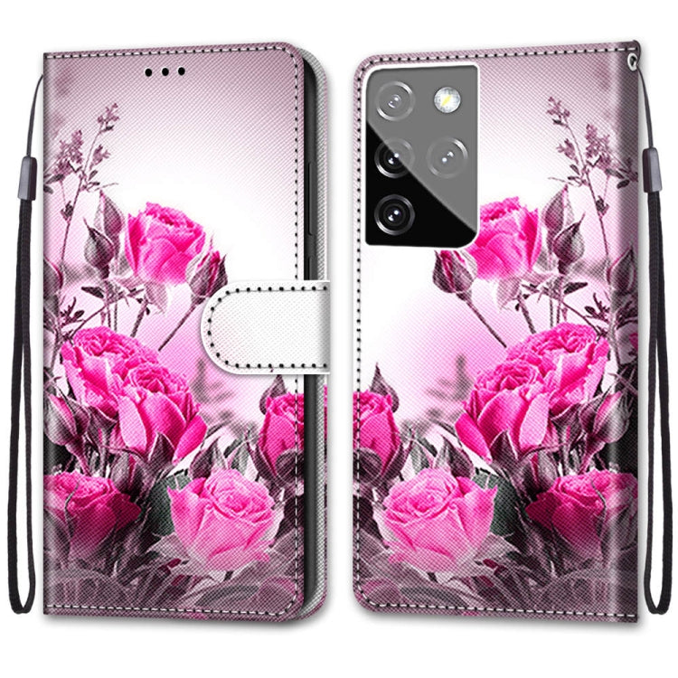 For Samsung Galaxy S21 Ultra 5G Coloured Drawing Cross Texture Horizontal Flip PU Leather Case with Holder & Card Slots & Wallet & Lanyard(Wild Rose)