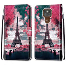 For Motorola Moto E7 Plus / G9 Play / G9 Coloured Drawing Cross Texture Horizontal Flip PU Leather Case with Holder & Card Slots & Wallet & Lanyard(Pink Flower Tower Bridge)