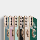 For Samsung Galaxy S21 5G 6D Electroplating Full Coverage Silicone Protective Case with Magnetic Ring Holder(Light Cyan)
