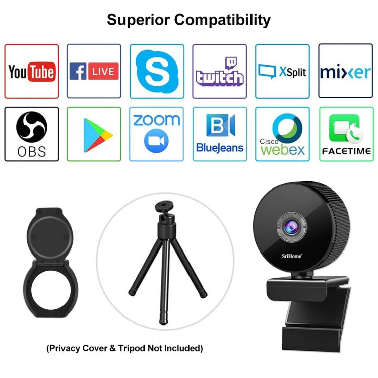 SriHome SH008 2.0 Mega Pixels 1080P USB 2.0 / 3.0 HD Computer Camera Built-in Noise Reduction Microphone