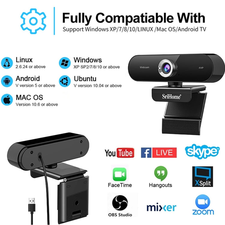 SriHome SH002 4.0 Mega Pixels USB 2.0 / 3.0 HD Computer Camera Built-in Noise Reduction Microphone
