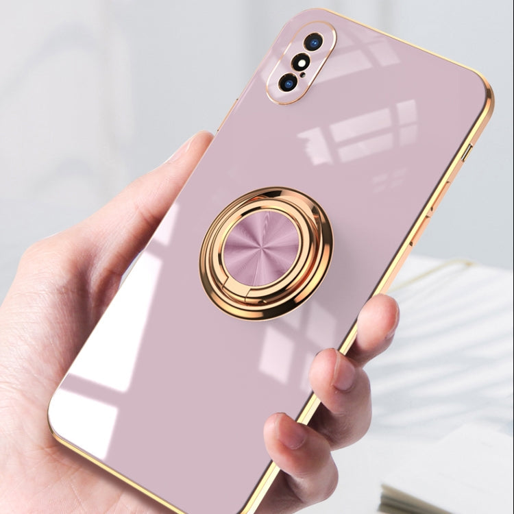 6D Electroplating Full Coverage Silicone Protective Case with Magnetic Ring Holder For iPhone XR(Light Pink)
