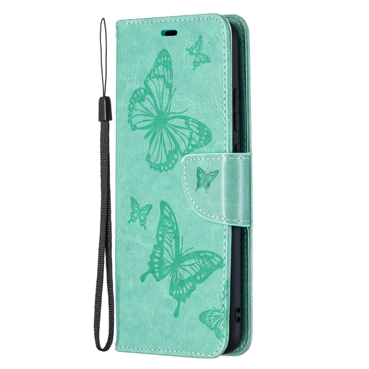 For Samsung Galaxy A02s (EU Version) Embossing Two Butterflies Pattern Horizontal Flip PU Leather Case with Holder & Card Slot & Wallet & Lanyard(Green)