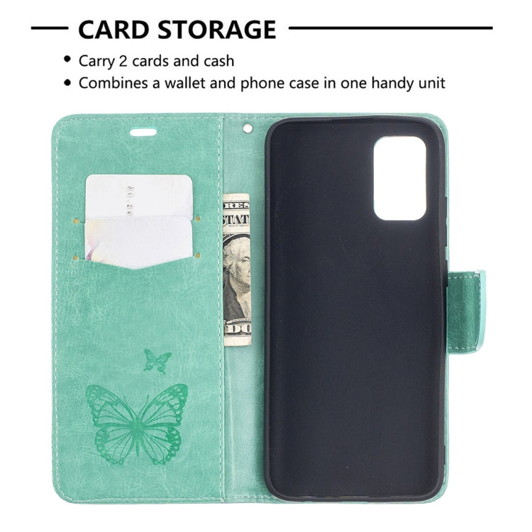 For Samsung Galaxy A02s (EU Version) Embossing Two Butterflies Pattern Horizontal Flip PU Leather Case with Holder & Card Slot & Wallet & Lanyard(Green)