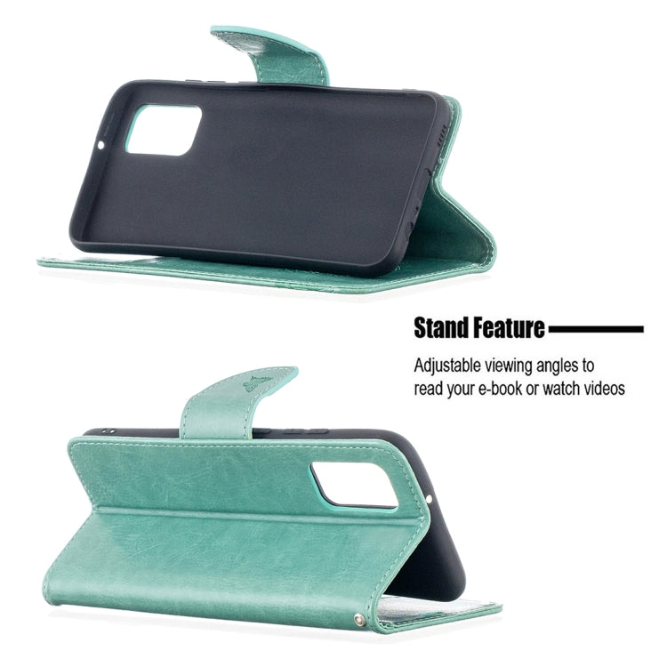 For Samsung Galaxy A02s (EU Version) Embossing Two Butterflies Pattern Horizontal Flip PU Leather Case with Holder & Card Slot & Wallet & Lanyard(Green)