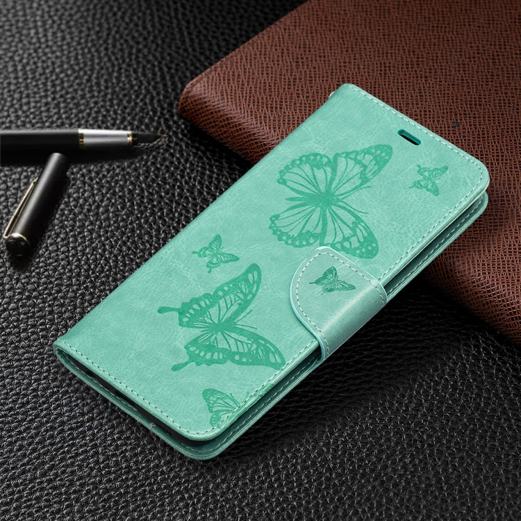 For Samsung Galaxy A02s (EU Version) Embossing Two Butterflies Pattern Horizontal Flip PU Leather Case with Holder & Card Slot & Wallet & Lanyard(Green)