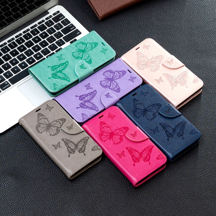 For Samsung Galaxy A02s (EU Version) Embossing Two Butterflies Pattern Horizontal Flip PU Leather Case with Holder & Card Slot & Wallet & Lanyard(Green)