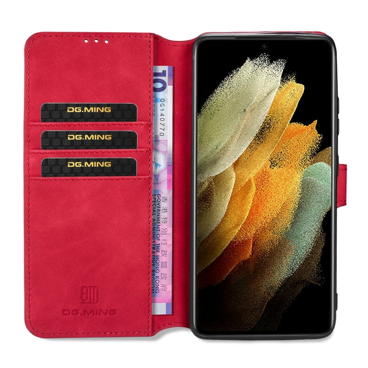 For Samsung Galaxy S21 Ultra 5G DG.MING Retro Oil Side Horizontal Flip Case with Holder & Card Slots & Wallet(Red)