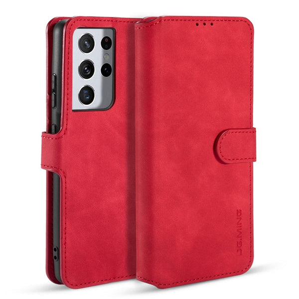 For Samsung Galaxy S21 Ultra 5G DG.MING Retro Oil Side Horizontal Flip Case with Holder & Card Slots & Wallet(Red)