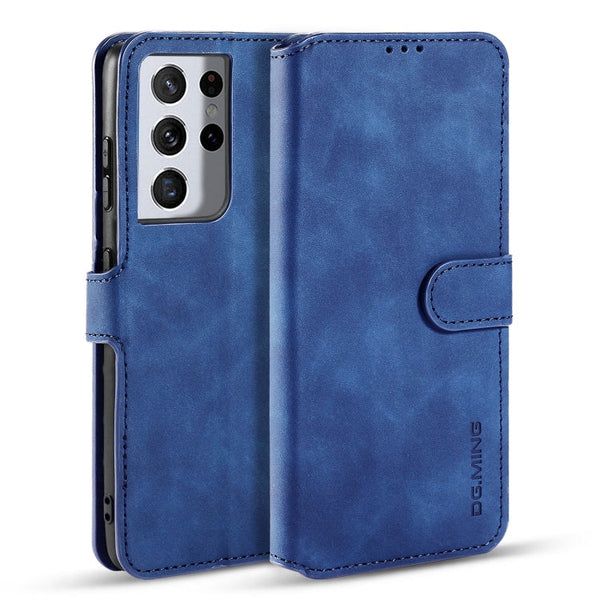 For Samsung Galaxy S21 Ultra 5G DG.MING Retro Oil Side Horizontal Flip Case with Holder & Card Slots & Wallet(Blue)