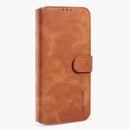 For iPhone 12 / 12 Pro DG.MING Retro Oil Side Horizontal Flip Case with Holder & Card Slots & Wallet(Brown)