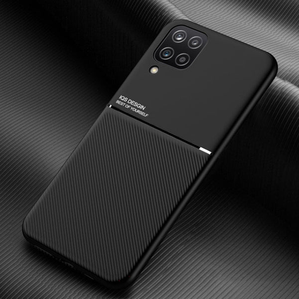 For Samsung Galaxy A12 Classic Tilt Strip Grain Magnetic Shockproof PC + TPU Case(Black)