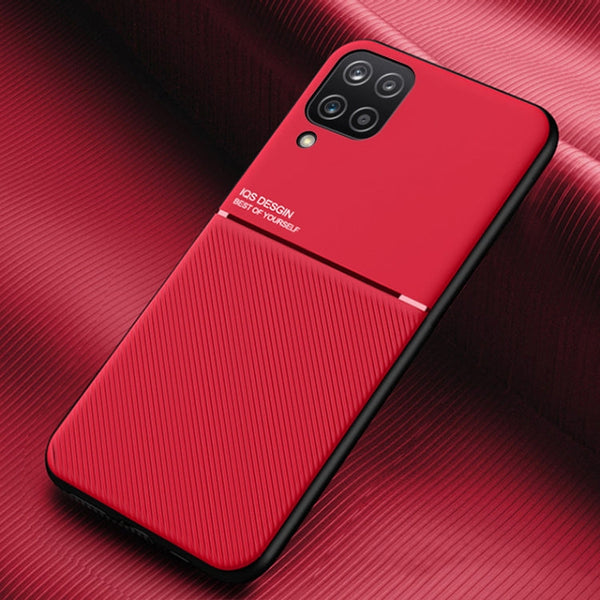 For Samsung Galaxy A12 Classic Tilt Strip Grain Magnetic Shockproof PC + TPU Case(Red)