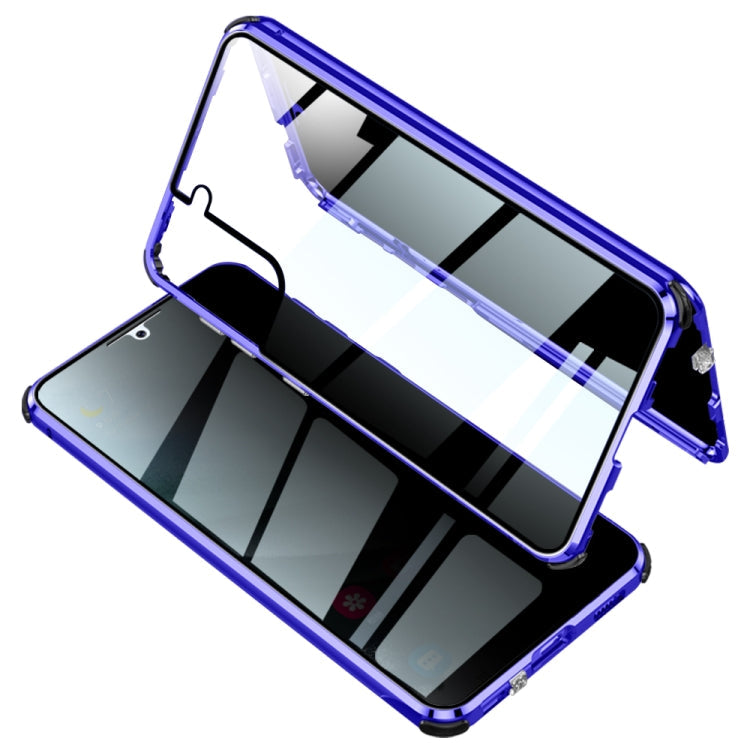 For Samsung Galaxy S21 5G Four-corner Shockproof Anti-peeping Magnetic Metal Frame Double-sided Tempered Glass Case(Blue)