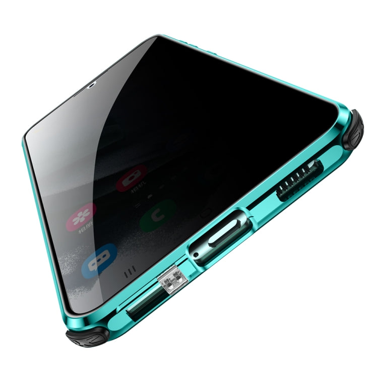 For Samsung Galaxy S21 5G Four-corner Shockproof Anti-peeping Magnetic Metal Frame Double-sided Tempered Glass Case(Blue)