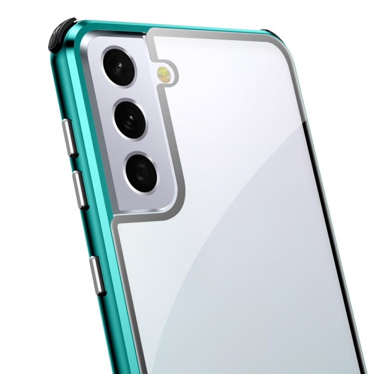 For Samsung Galaxy S21 5G Four-corner Shockproof Anti-peeping Magnetic Metal Frame Double-sided Tempered Glass Case(Blue)