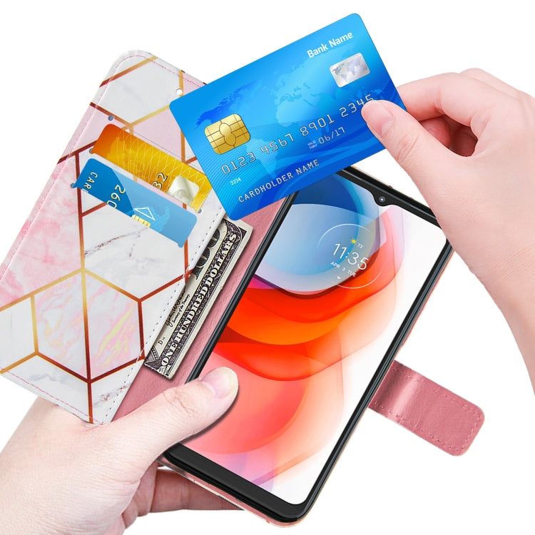 For Motorola Moto G Play (2021) Marble Stitching Horizontal Flip PU Leather Case with Holder & Card Slots & Wallet & Lanyard(Pink White)