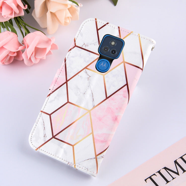 For Motorola Moto G Play (2021) Marble Stitching Horizontal Flip PU Leather Case with Holder & Card Slots & Wallet & Lanyard(Pink White)