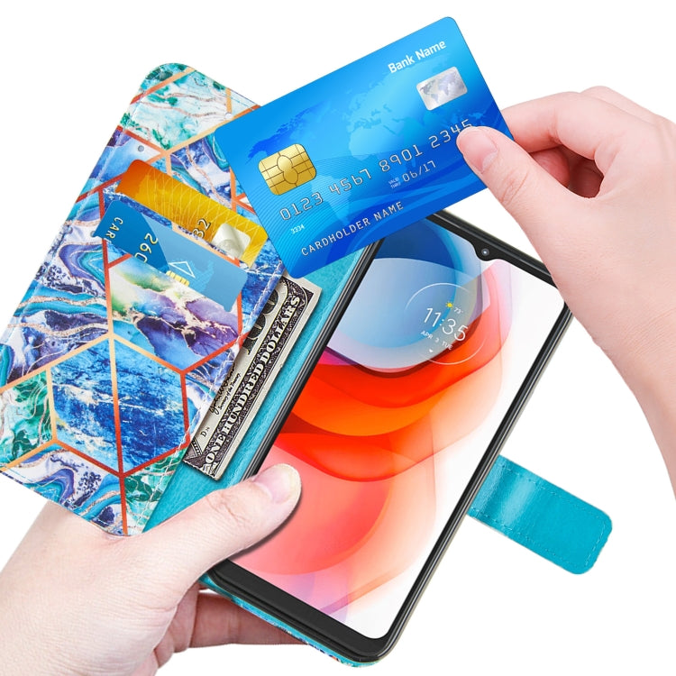 For Motorola Moto G Play (2021) Marble Stitching Horizontal Flip PU Leather Case with Holder & Card Slots & Wallet & Lanyard(Blue Green)