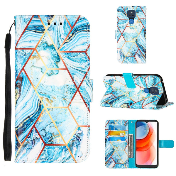 For Motorola Moto G Play (2021) Marble Stitching Horizontal Flip PU Leather Case with Holder & Card Slots & Wallet & Lanyard(Blue)