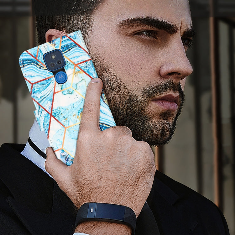 For Motorola Moto G Play (2021) Marble Stitching Horizontal Flip PU Leather Case with Holder & Card Slots & Wallet & Lanyard(Blue)