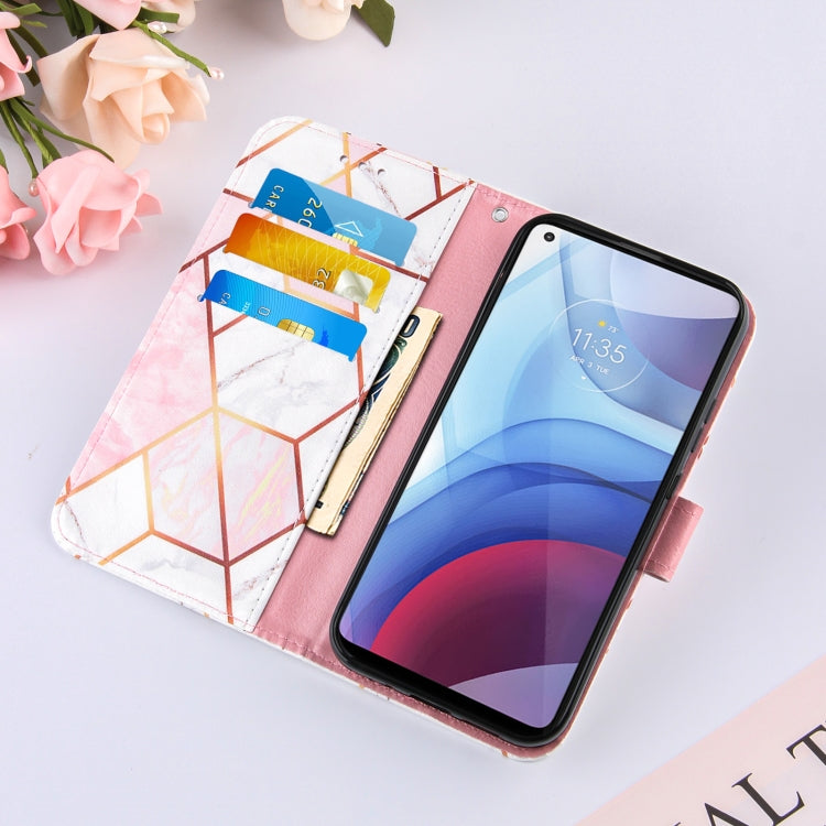 For Motorola Moto G Power (2021) Marble Stitching Horizontal Flip PU Leather Case with Holder & Card Slots & Wallet & Lanyard(Pink White)