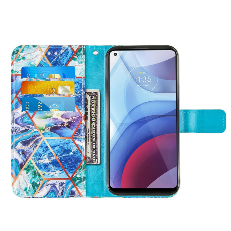 For Motorola Moto G Power (2021) Marble Stitching Horizontal Flip PU Leather Case with Holder & Card Slots & Wallet & Lanyard(Blue Green)