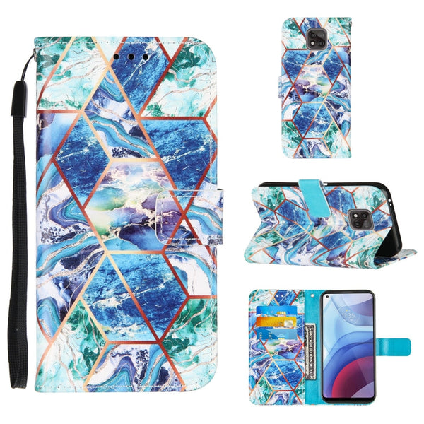 For Motorola Moto G Power (2021) Marble Stitching Horizontal Flip PU Leather Case with Holder & Card Slots & Wallet & Lanyard(Blue Green)