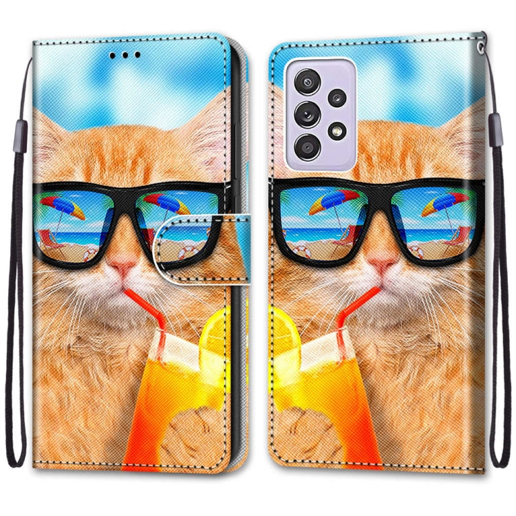 For Samsung Galaxy A52 5G / 4G Coloured Drawing Cross Texture Horizontal Flip PU Leather Case with Holder & Card Slots & Wallet & Lanyard(Cat Drinking Soda)