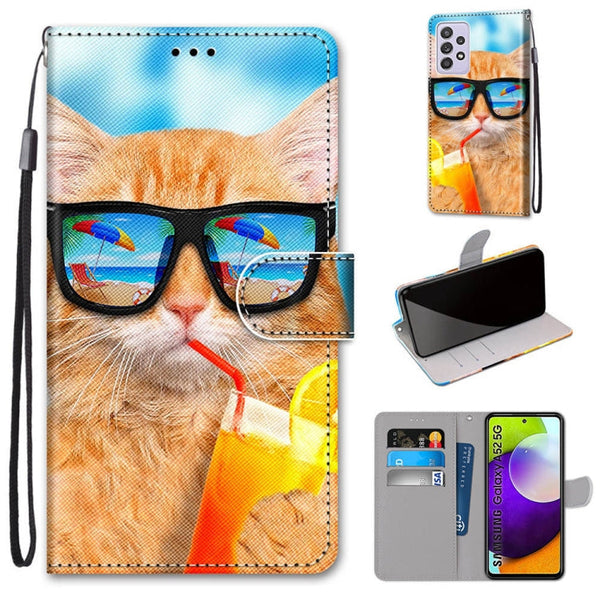 For Samsung Galaxy A52 5G / 4G Coloured Drawing Cross Texture Horizontal Flip PU Leather Case with Holder & Card Slots & Wallet & Lanyard(Cat Drinking Soda)