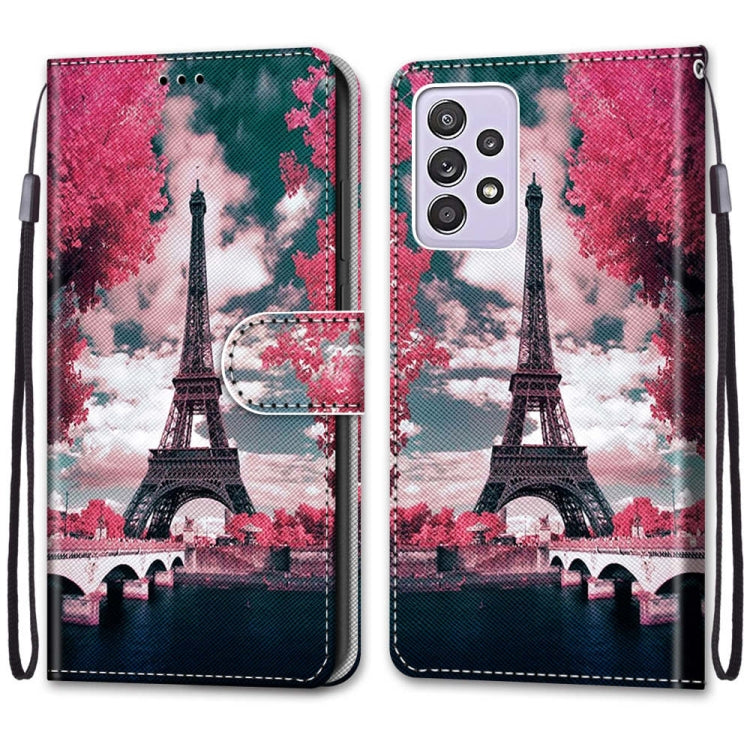 For Samsung Galaxy A52 5G / 4G Coloured Drawing Cross Texture Horizontal Flip PU Leather Case with Holder & Card Slots & Wallet & Lanyard(Pink Flower Tower Bridge)