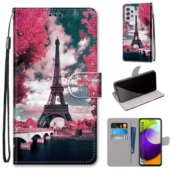 For Samsung Galaxy A52 5G / 4G Coloured Drawing Cross Texture Horizontal Flip PU Leather Case with Holder & Card Slots & Wallet & Lanyard(Pink Flower Tower Bridge)