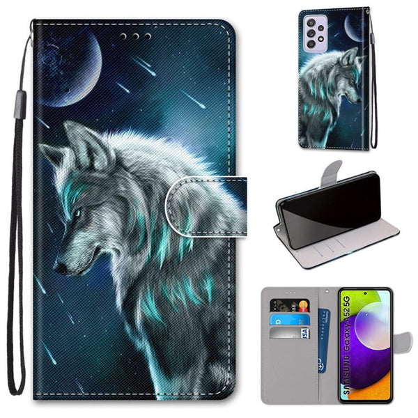 For Samsung Galaxy A52 5G / 4G Coloured Drawing Cross Texture Horizontal Flip PU Leather Case with Holder & Card Slots & Wallet & Lanyard(Pensive Wolf)