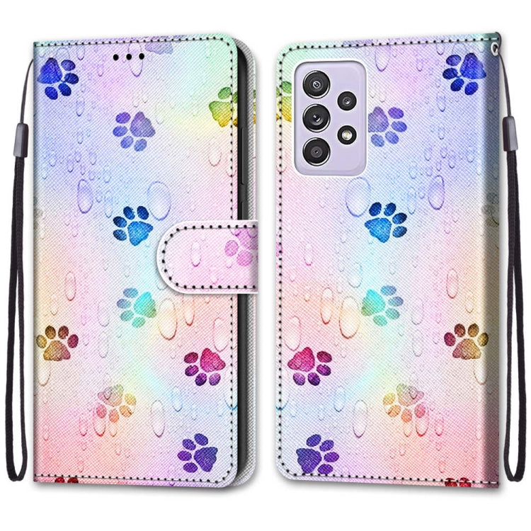 For Samsung Galaxy A52 5G / 4G Coloured Drawing Cross Texture Horizontal Flip PU Leather Case with Holder & Card Slots & Wallet & Lanyard(Footprint Water Drops)