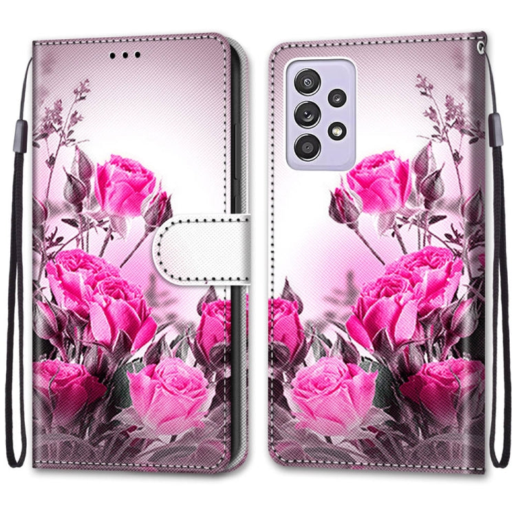 For Samsung Galaxy A52 5G / 4G Coloured Drawing Cross Texture Horizontal Flip PU Leather Case with Holder & Card Slots & Wallet & Lanyard(Wild Rose)