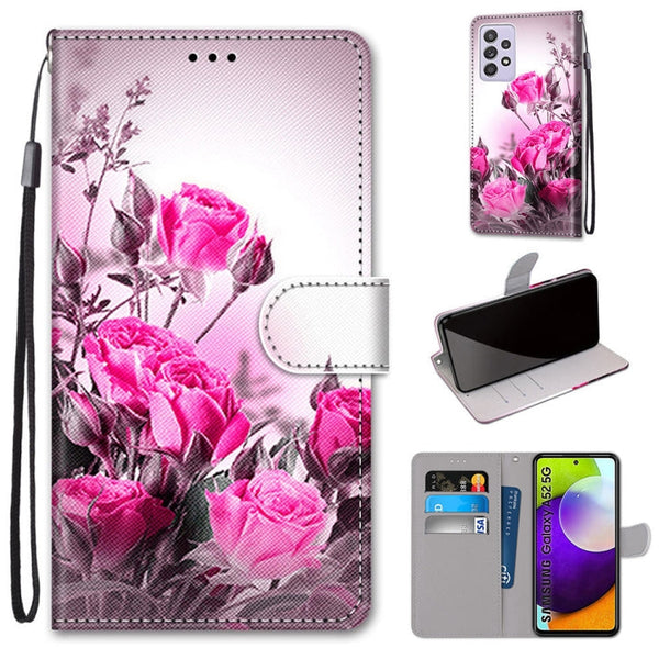 For Samsung Galaxy A52 5G / 4G Coloured Drawing Cross Texture Horizontal Flip PU Leather Case with Holder & Card Slots & Wallet & Lanyard(Wild Rose)