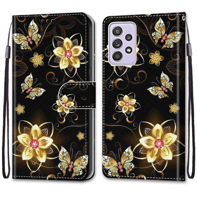 For Samsung Galaxy A52 5G / 4G Coloured Drawing Cross Texture Horizontal Flip PU Leather Case with Holder & Card Slots & Wallet & Lanyard(Gold Diamond Butterfly)