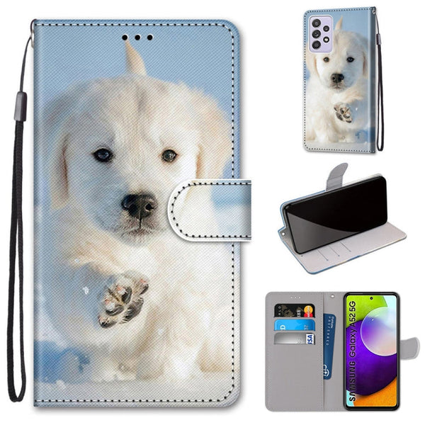 For Samsung Galaxy A52 5G / 4G Coloured Drawing Cross Texture Horizontal Flip PU Leather Case with Holder & Card Slots & Wallet & Lanyard(Snow Puppy)