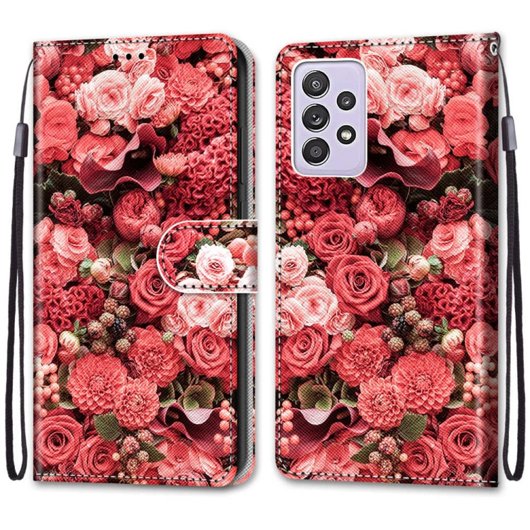 For Samsung Galaxy A52 5G / 4G Coloured Drawing Cross Texture Horizontal Flip PU Leather Case with Holder & Card Slots & Wallet & Lanyard(Pink Rose Garden)