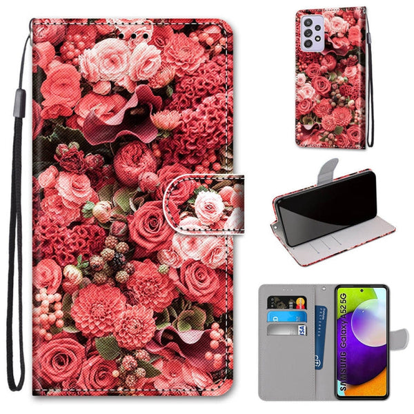For Samsung Galaxy A52 5G / 4G Coloured Drawing Cross Texture Horizontal Flip PU Leather Case with Holder & Card Slots & Wallet & Lanyard(Pink Rose Garden)
