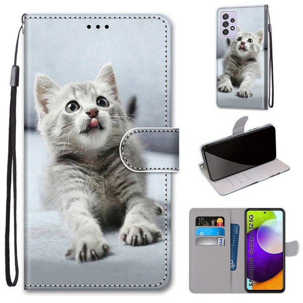 For Samsung Galaxy A52 5G / 4G Coloured Drawing Cross Texture Horizontal Flip PU Leather Case with Holder & Card Slots & Wallet & Lanyard(Small Gray Cat)