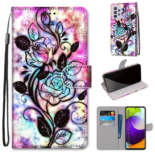 For Samsung Galaxy A52 5G / 4G Coloured Drawing Cross Texture Horizontal Flip PU Leather Case with Holder & Card Slots & Wallet & Lanyard(Color Bottom Hollow Flower)