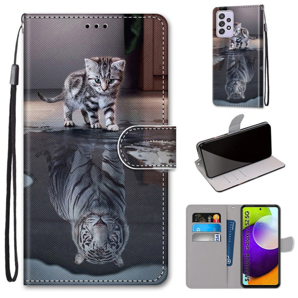 For Samsung Galaxy A52 5G / 4G Coloured Drawing Cross Texture Horizontal Flip PU Leather Case with Holder & Card Slots & Wallet & Lanyard(Cat Becomes Tiger)