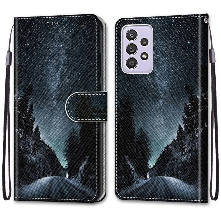 For Samsung Galaxy A52 5G / 4G Coloured Drawing Cross Texture Horizontal Flip PU Leather Case with Holder & Card Slots & Wallet & Lanyard(Mountain Road Starry Sky)