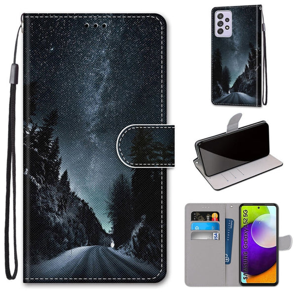For Samsung Galaxy A52 5G / 4G Coloured Drawing Cross Texture Horizontal Flip PU Leather Case with Holder & Card Slots & Wallet & Lanyard(Mountain Road Starry Sky)