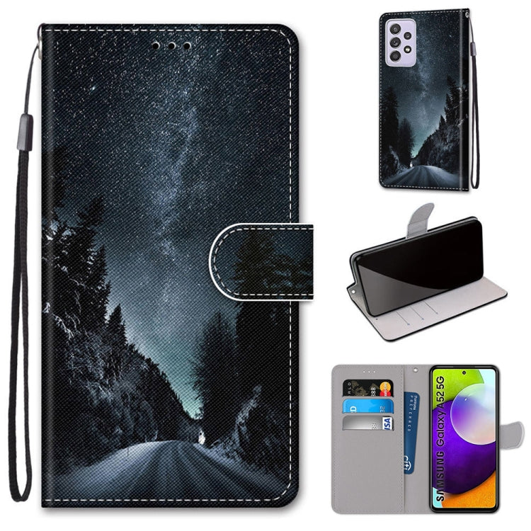 For Samsung Galaxy A52 5G / 4G Coloured Drawing Cross Texture Horizontal Flip PU Leather Case with Holder & Card Slots & Wallet & Lanyard(Mountain Road Starry Sky)