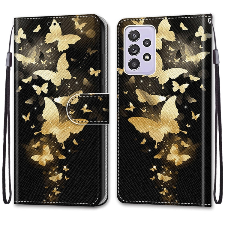 For Samsung Galaxy A52 5G / 4G Coloured Drawing Cross Texture Horizontal Flip PU Leather Case with Holder & Card Slots & Wallet & Lanyard(Golden Butterfly Group)