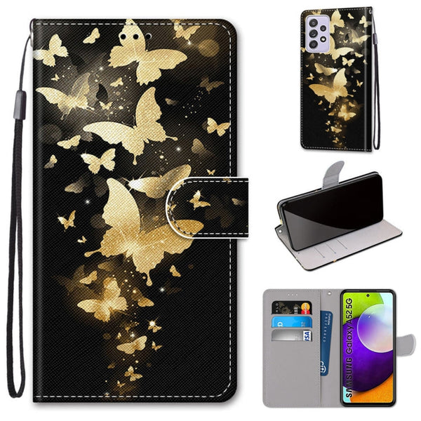 For Samsung Galaxy A52 5G / 4G Coloured Drawing Cross Texture Horizontal Flip PU Leather Case with Holder & Card Slots & Wallet & Lanyard(Golden Butterfly Group)